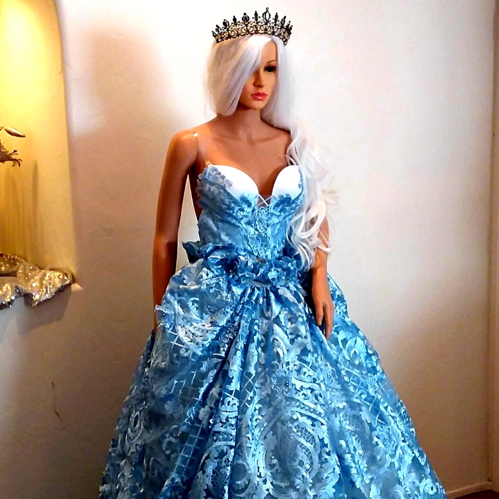 "PAULETTE" Blue & White Lace & Tulle Wedding Ballgown Set